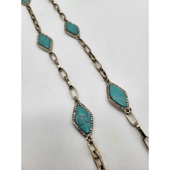 LAUREN RALPH LAUREN Long Gold Tone Faux Turquoise & Crystal Chain Necklace - Picture 6 of 9